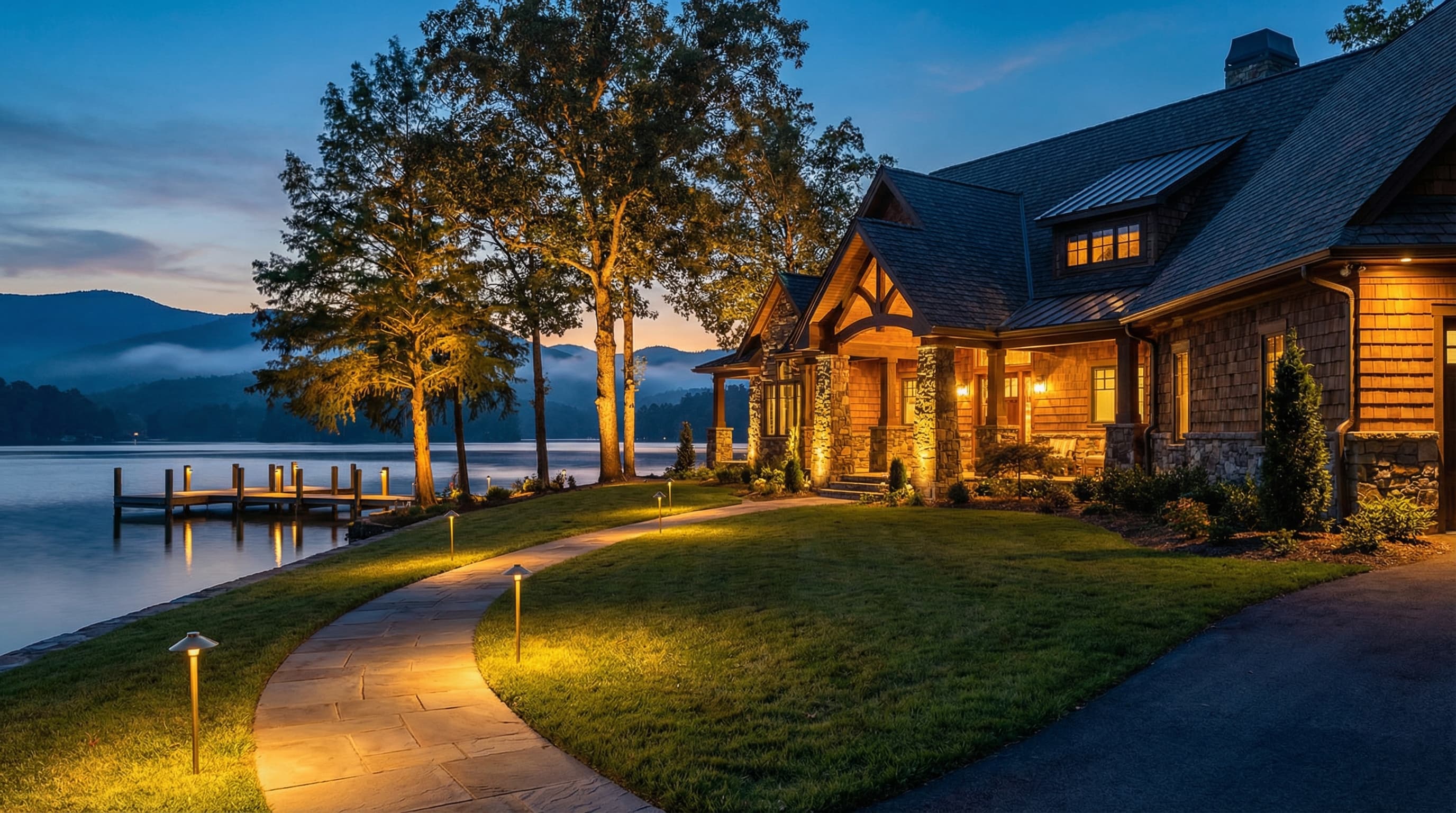 Stunning lakefront home with professional landscape lighting at twilight