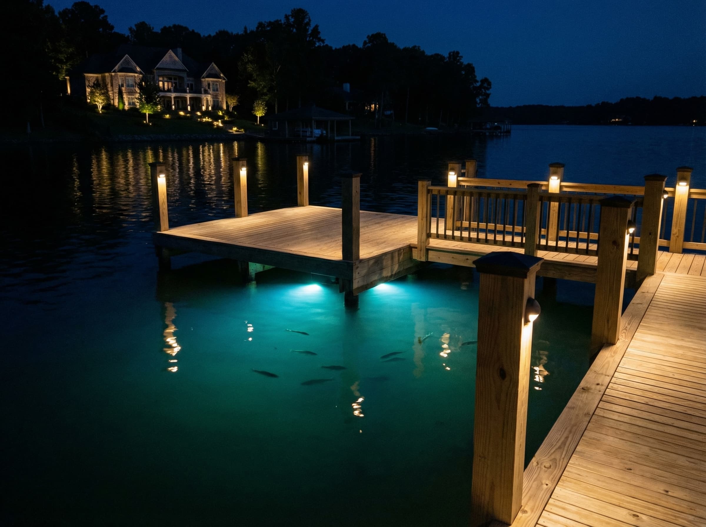 Professional dock lighting with underwater fishing lights on Lake Wylie
