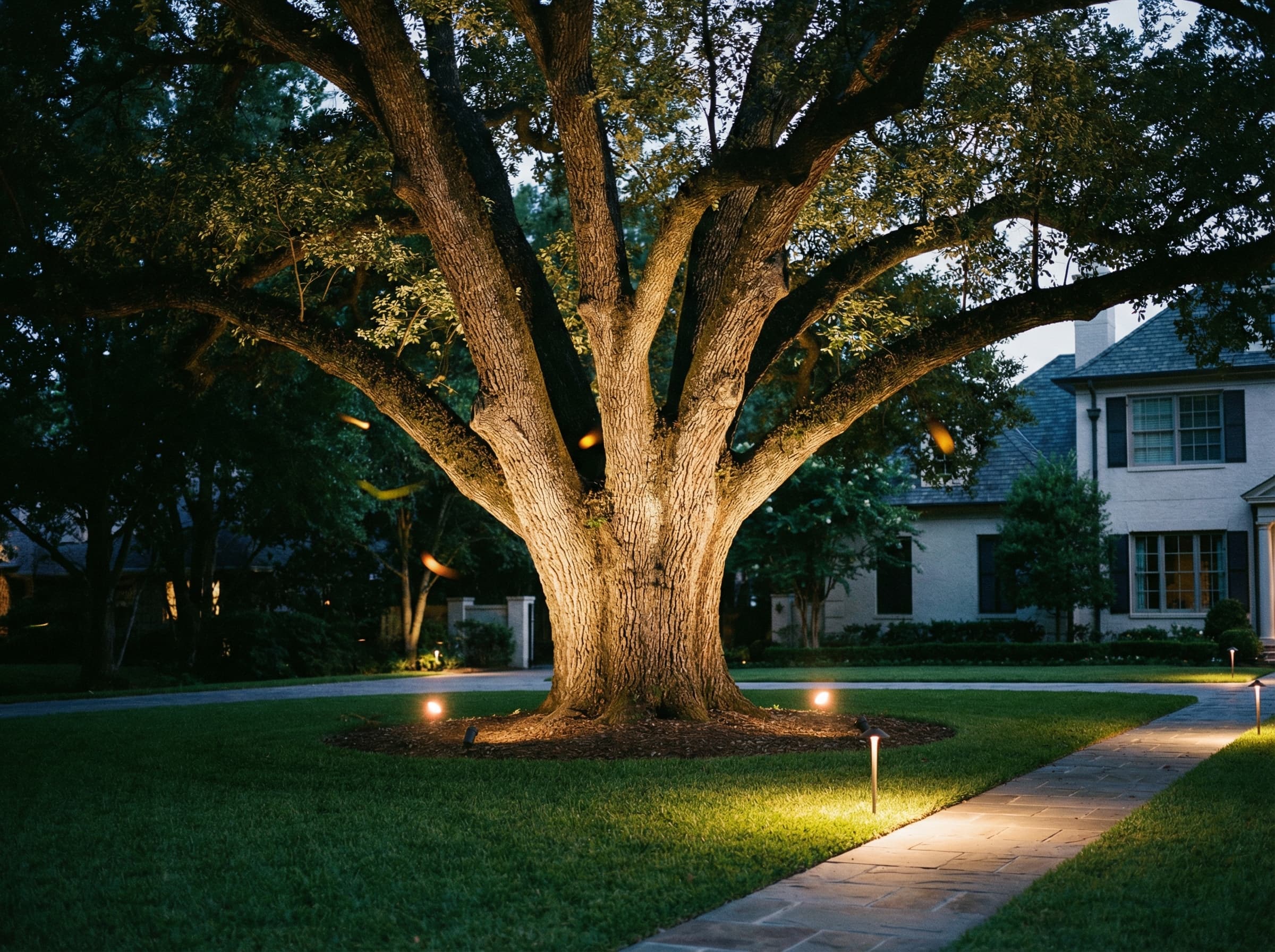 Dramatic oak tree uplighting with fireflies