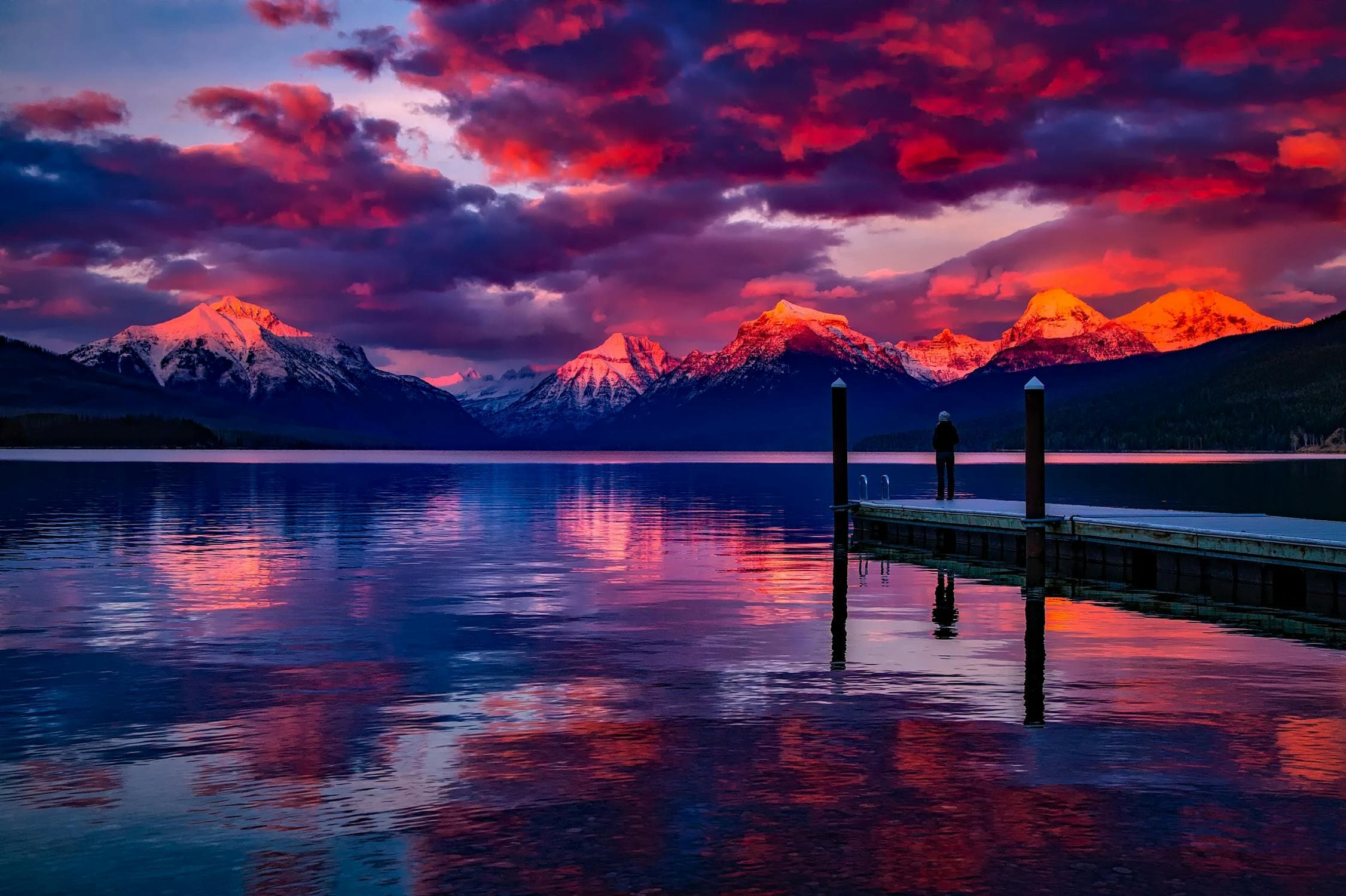 Lake dock with mountain sunset view